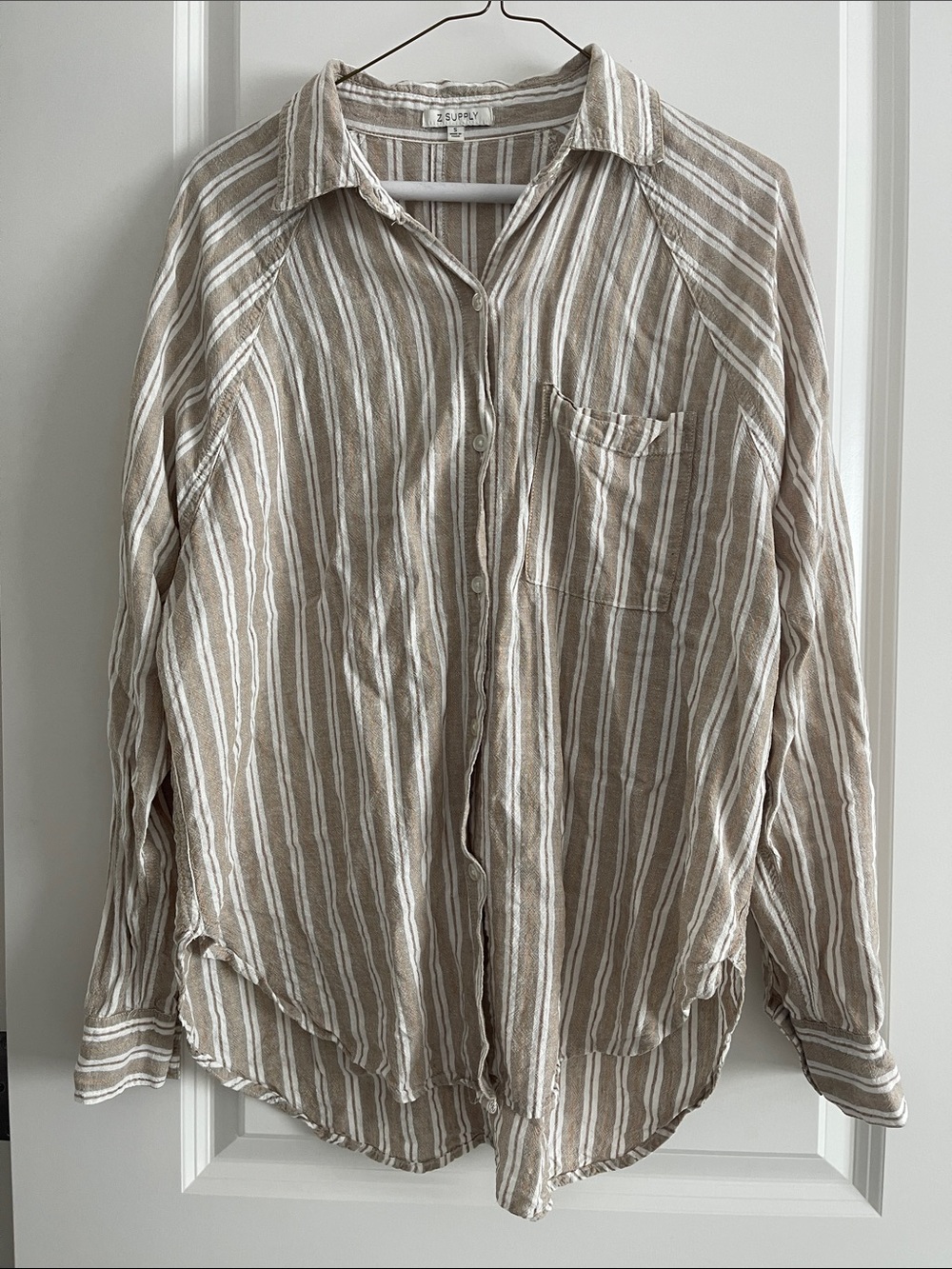 Z Supply Women’s Tan and White Striped Casual Button-Down Shirt
